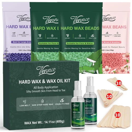 Kit de perlas de cera dura Vennco para depilación, 36 piezas de perlas de cera para todo el cuerpo, cara y bikini brasileño, aloe, lavanda, flor de