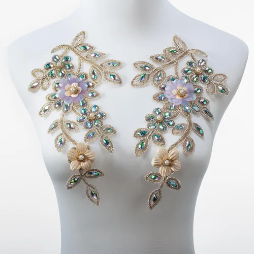 Silvora Par de flores bordadas con cuentas de perlas de tela de diamantes de imitación de colores, herramienta de costura hecha a mano para vestido