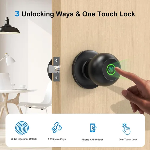 Miniatura 2 de 52HZ Pomo de puerta de huellas dactilares con cerradura, cerradura inteligente para puerta de dormitorio, cerradura biométrica de puerta con control