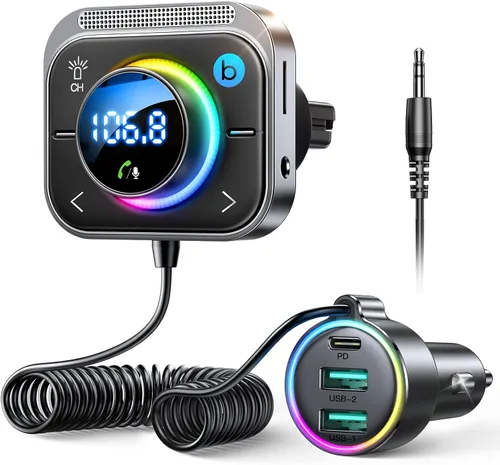 JOYROOM Transmisor FM de 96 W Bluetooth 6.0 Adaptador de coche Aux con 3 puertos de carga PD 60 W y 2 x 18 W. Instalación de ventilación de aire