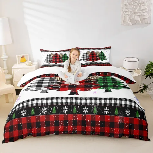 Miniatura 10 de Juego de funda de edredón para niños con diseño de Navidad, tamaño individual, camiones rojos y árboles de pino con copos de nieve, decoración