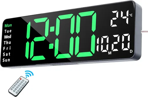 Lafocuse Reloj de pared digital silencioso de 13 pulgadas, pantalla grande verde con fecha y semana, reloj LED con control remoto para decoración de