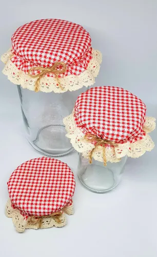 Miniatura 5 de DLK - 10 fundas elásticas para frascos - 100% algodón, patrón elástico de cuadros rojos (cuadros) - Cuenco con tapa de fermentación transpirable