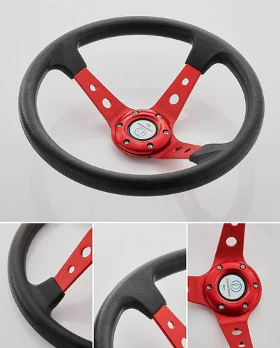 Miniatura 5 de Volante universal Deep Dish de 13.8 pulgadas/350mm, 6 pernos, volante de carreras/carrito de golf drifting, agarre de cuero vinílico y aluminio