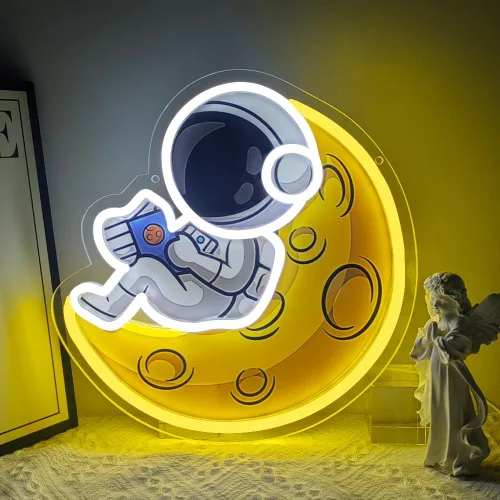 Astronauta Leyendo en Letrero de Neón de Luna, Decoración de Pared Soñadora para Habitación Dormitorio Luz LED Tema Espacial Letrero de Bar Ahorro