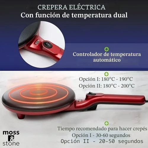 Miniatura 2 de Máquina de crepé eléctrica Moss & Stone de 8 pulgadas, máquina de crepé portátil y placa caliente con interruptor de encendido/apagado, Rojo