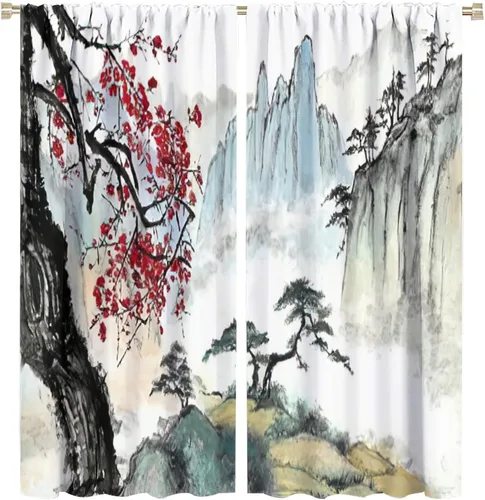 Miniatura 47 de Cortina japonesa con diseño de cerezo en flor, montañas, río, nubes, pinos, paisaje, naturaleza, asiático, anime, oscurecimiento de habitación