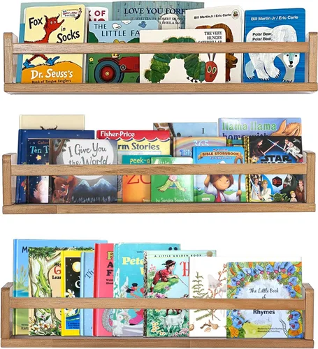 Miniatura 23 de AZSKY Estantes clásicos para libros de guardería, estantes flotantes de madera negra, estantería de pared para decoración de baño, cocina, especias