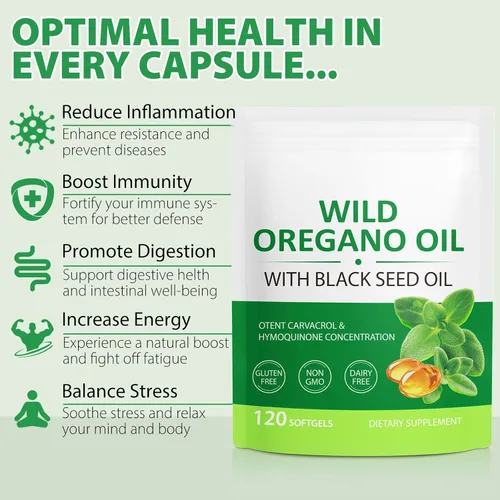Miniatura 5 de Cápsulas blandas de aceite de orégano de 6000 mg, 120 unidades 2 en 1 formulado con aceite de semilla negra de 200 mg, cápsulas de aceite