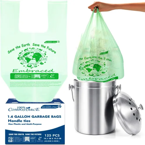 Miniatura 9 de BEIDOU-PAC Bolsas de basura compostables con solapa de 1 a 2 galones, 120 bolsas de abono pequeñas, bolsas de basura biodegradables para cocina