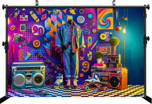 Miniatura 3 de Telón de fondo retro de los años 90 de 5 x 3 pies con elementos de neón coloridos de los años 90, para patineta, boombox, fondo para hip hop, rap