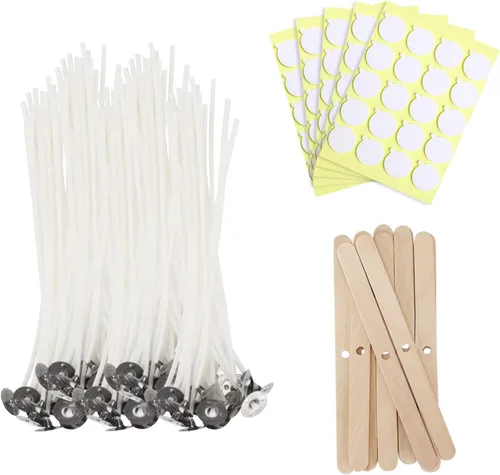 JEAWIWI Mecha de Vela 6 pulgadas 100 Piezas con 100 Piezas de Adhesivos para Mechas y 10 Piezas de Soportes para Mechas de Velas, Mechas de Algodón
