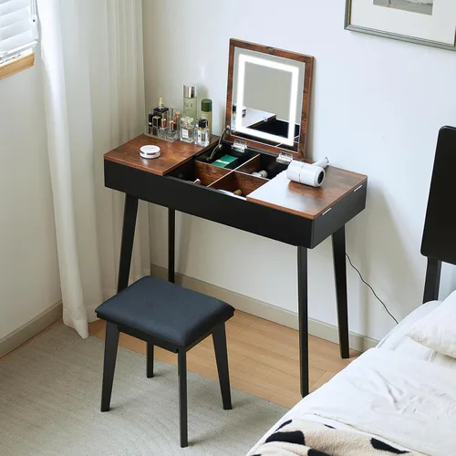 Miniatura 7 de Tocador Pequeño, Tocador Compacto para Niñas con Taburete y Toma de Corriente, Escritorio de Maquillaje con Espejo y Luz LED, Mesa de Tocador