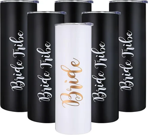 Paquete de 6 vasos de vino de acero inoxidable Bride to Be Skinny de 20 onzas | Regalos de boda de compromiso, tazas de damas de honor, suministros