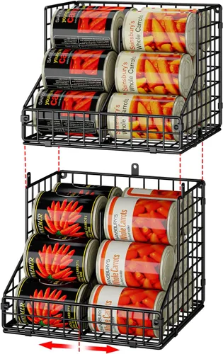 Miniatura 11 de JKsmart Paquete de 2 organizadores apilables de latas para almacenamiento de despensa, dispensadores de latas con 4 divisores ajustables, cesta
