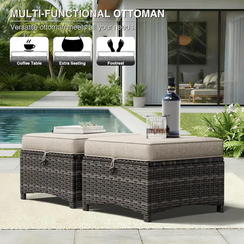 Miniatura 5 de Joyside Juego de 2 otomanas para exteriores, reposapiés otomano grande para patio con cojines gruesos, taburete de mimbre para exteriores para Beige