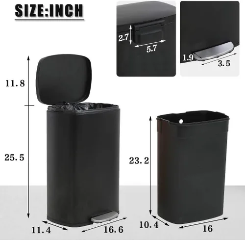 Miniatura 7 de TTY Store Bote de basura de acero inoxidable de 13 galones con tapa, negro, capacidad de 13.0 galones, antihuellas, diseño silencioso, fácil de usar
