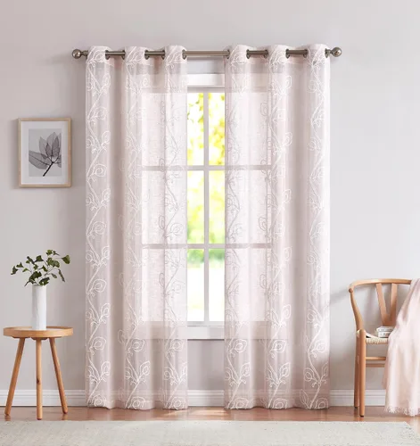 Cortinas bordadas traslúcidas para dormitorio, no opacas, decoración de habitación, cortinas de lino floral, cortinas de dormitorio con ojales,