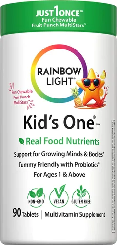 Rainbow Light Kids One + Multivitamínico | 90 tabletas | Para mayores de 1 años | Apto para el abdomen con probióticos | Sabor a ponche de frutas |