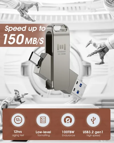 Miniatura 3 de MOSDART ExFAT - Memoria USB C 3.2 de 64 GB de velocidad rápida C y A, memoria USB C 3.2 con bucle para llavero, para iPhone 15, 16, 17, teléfono