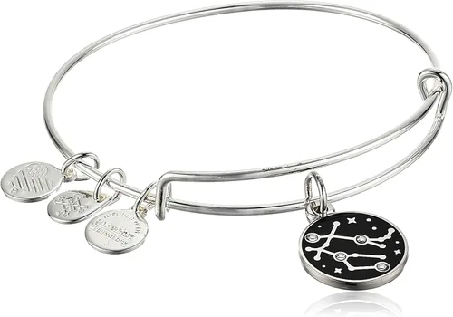 Alex and Ani Brazalete expandible del zodiaco para mujer, dijes del zodiaco, epoxi y cristales negros, acabado brillante, de 2 a 3.5 pulgadas