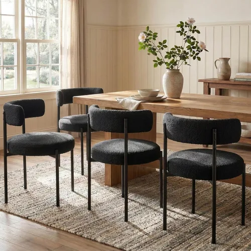 Miniatura 23 de Juego de 2 sillas de comedor Boucle, sillas de comedor beige con asiento tapizado y respaldo redondo, sillas de cocina modernas de mediados de siglo