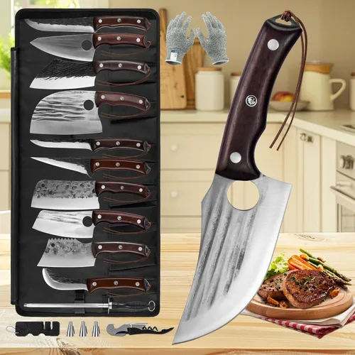 Miniatura 7 de FULLHI Juego de 17 piezas de cuchillos de carnicero y chef, incluye funda, cuchillo de cocina de acero de alto carbono, espiga completa, cuchillo