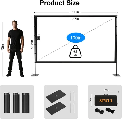 Miniatura 8 de STWUI Pantalla de proyector con soporte, pantalla de proyector para exteriores de 100 pulgadas, pantallas de proyector portátiles 16:9 4K HD
