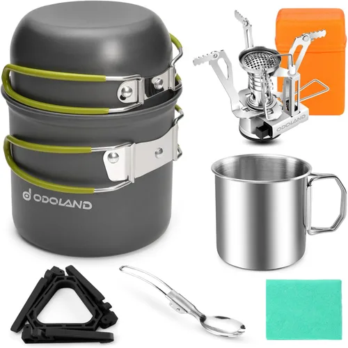 Odoland - Juego de 8 utensilios de cocina para acampar, juego de ollas y sartenes con mini estufa de mochilero, taza de acero inoxidable, soporte