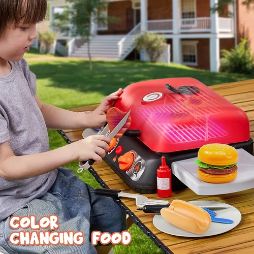 Miniatura 6 de Juego de parrilla para barbacoa para niños, juego de juguetes de cocina con humo de simulación, luz, sonido y alimentos que cambian