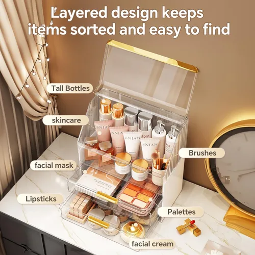 Miniatura 3 de Organizador de maquillaje para encimera con tapa, organizadores de cuidado de la piel para tocador, 3 niveles, almacenamiento de maquillaje