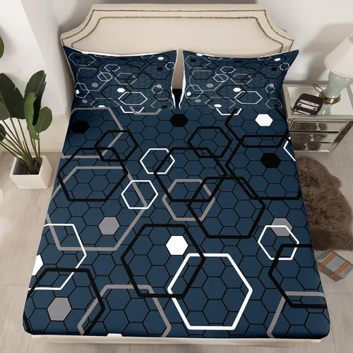 Manfei Sábana bajera hexagonal tamaño individual, juego de ropa de cama de panal azul marino de 2 piezas para decoración de habitación de niños y