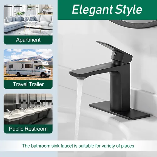 Miniatura 4 de VOTON - Grifo de baño negro mate, de un solo agujero, llave de fregadero de baño para 1 o 3 agujeros con placa de cubierta y manguera, lavabo, RV