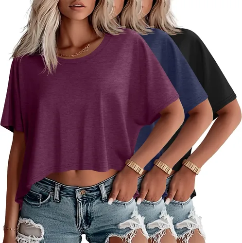 Miniatura 20 de Huukeay Paquete de 3 camisetas recortadas de gran tamaño para mujer, manga corta, holgadas, cuello redondo, holgadas, para entrenamiento