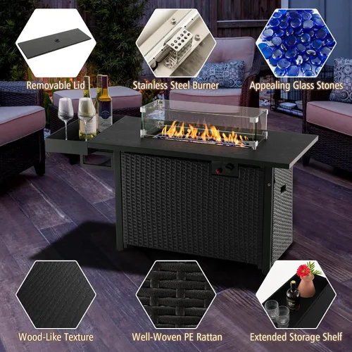 Miniatura 6 de Tangkula Mesa para fogata de propano para patio, fogata de gas de mimbre de 52 pulgadas con protector contra el viento y estante extendido, salida