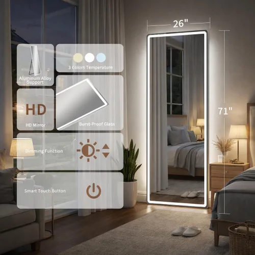 Miniatura 3 de Espejo arqueado de longitud completa de 71 x 26 pulgadas con luces LED, espejo de suelo con soporte, espejo de pared de longitud completa, espejo