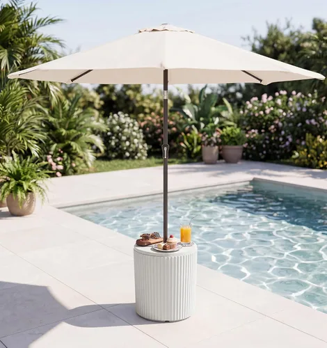 Miniatura 3 de SERWALL Outdoor Round Umbrella Side Table, 3-in-1 Ice Bucket & Side Table & Storage Box, Multi-Functional Use for Porch/Patio/Poolside, Beige
