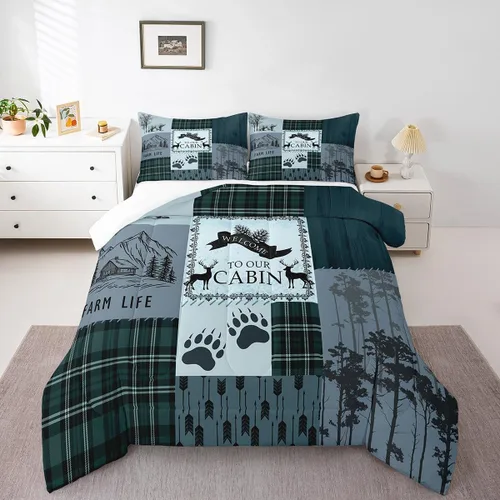 Manfei Rutic Farmhouse - Juego de edredón tamaño King, juego de ropa de cama de retazos de madera a cuadros de ciervo, oso, árbol, 3 piezas para