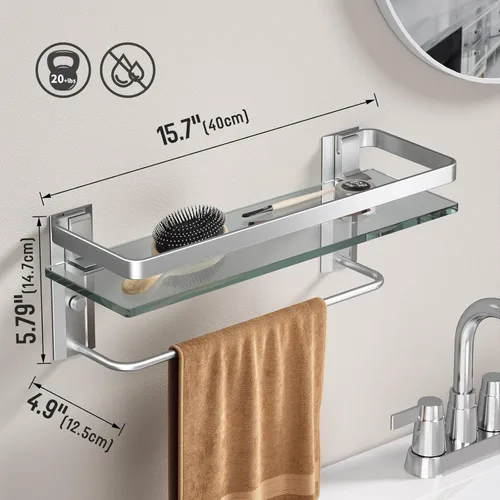Miniatura 3 de Danpoo Estante de pared de baño con toallero, vidrio templado transparente, soporte para toallas de mano (plata mate)
