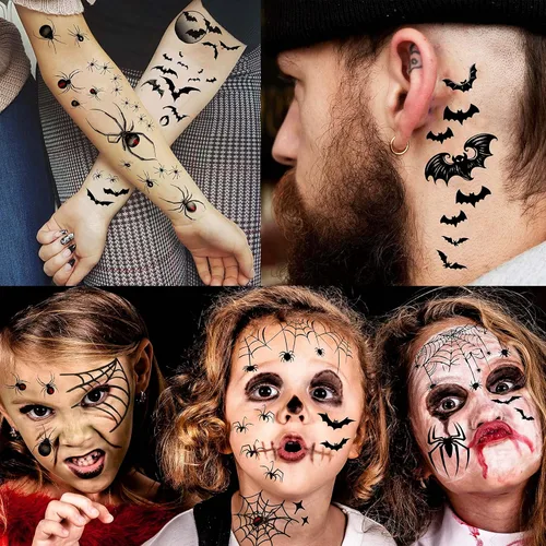 Miniatura 3 de VANTATY 9 hojas de calcomanías de tatuaje de telaraña de Halloween, manga temporal de tatuaje de murciélago medio brazo para mujeres, hombres, Negro
