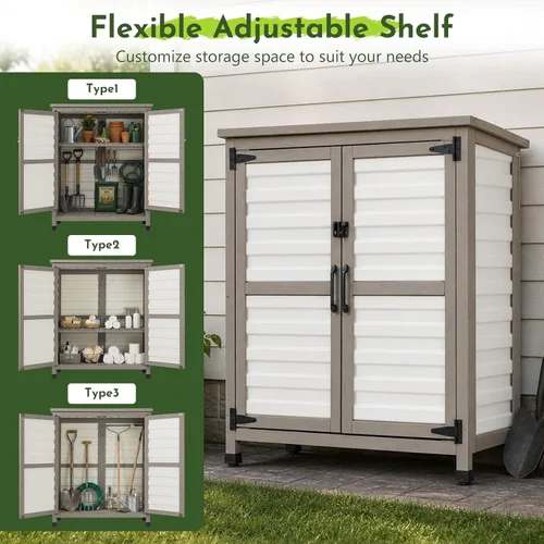 Miniatura 6 de Pequeño armario de almacenamiento para exteriores con estante, cobertizo de almacenamiento de madera blanca y plástico con techo impermeable