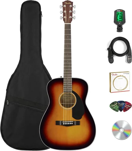 Fender CC-60S - Guitarra acústica de concierto - Paquete Sunburst de 3 colores con bolsa, afinador, correa, cuerdas, púas, DVD instructivo de Austin
