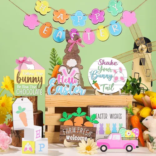 Miniatura 7 de Marsui Decoración de bandeja escalonada de Pascua, adorno de bandeja escalonada de Pascua rústica, letrero de primavera de conejo, camión, huevo