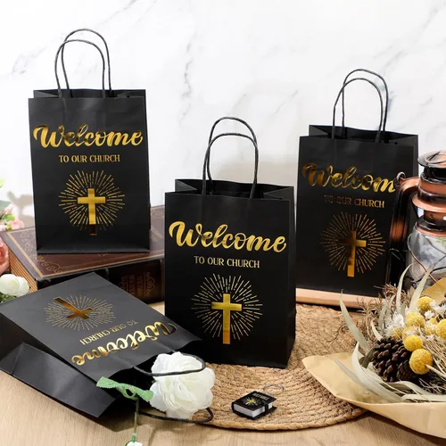 Miniatura 3 de Chuangdi 50 bolsas de regalo de bienvenida a la iglesia, bolsas de papel cristiano con asas para invitados, día de la madre, baby shower, Negro