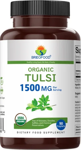 Miniatura 2 de Brieofood Tulsi Orgánico (albahaca sagrada) 1500 mg, 45 porciones, vegetariano, sin gluten, 90 tabletas vegetarianas (paquete de 2)