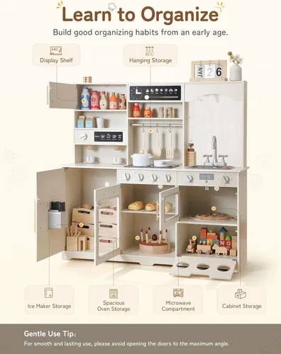 Miniatura 7 de besrey Juego de cocina para niños, juego de cocina de madera para niños con luces y sonidos reales, cocina de juguete para niños pequeños