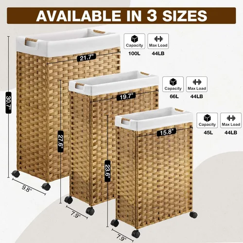 Miniatura 8 de GREENSTELL - Cesta de ropa con ruedas, 45 L (11.9 galones) Cesta pequeña de ropa con 2 bolsas extraíbles y 2 bolsas de malla, cesto de ratán delgado