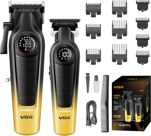 VGR Juego de cortapelos para hombres y recortadora de cabello, combo de peluquero inalámbrico con pantalla LED, cuchillas de cerámica y titanio,