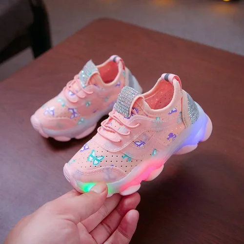 Miniatura 3 de Tenis deportivos para correr para niñas pequeñas con luz LED de cristal de mariposa y luz LED