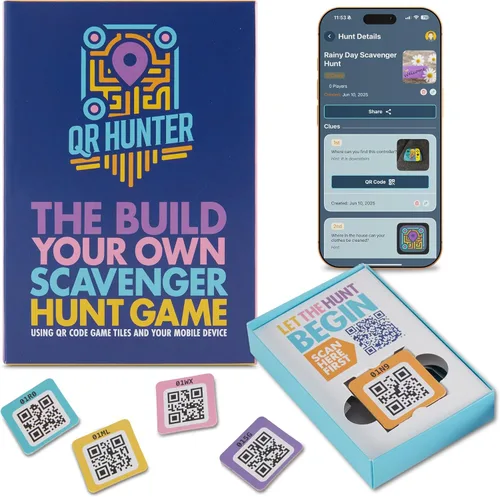 QR Hunter | Paquete de calcomanías de azulejos de código QR | Incluye 5 fichas de juego de búsqueda del tesoro para todas las edades | Caza del